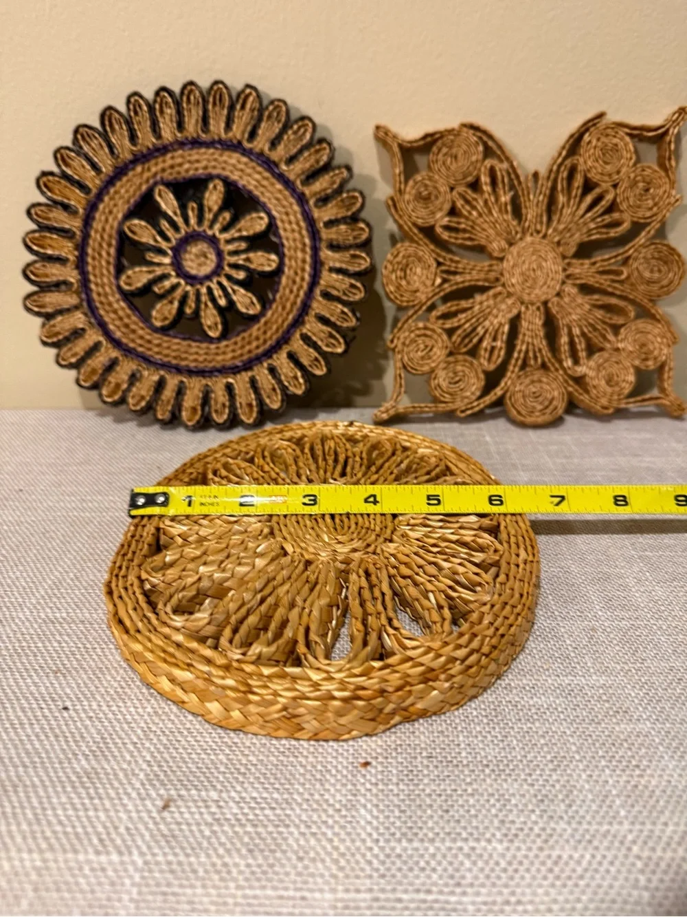 Vintage Woven Straw Rattan Trivets Lot Wall Decor Set of 3 Floral Boho